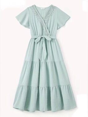 Women Green Swiss Dots Lace Trim Tiered Ruffle Hem with Hidden Snap Dress Size L